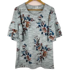 Cato Women Knit Stretch Blouse with Ruffle Sleeve Floral Gray Soft Cozy Size XS
